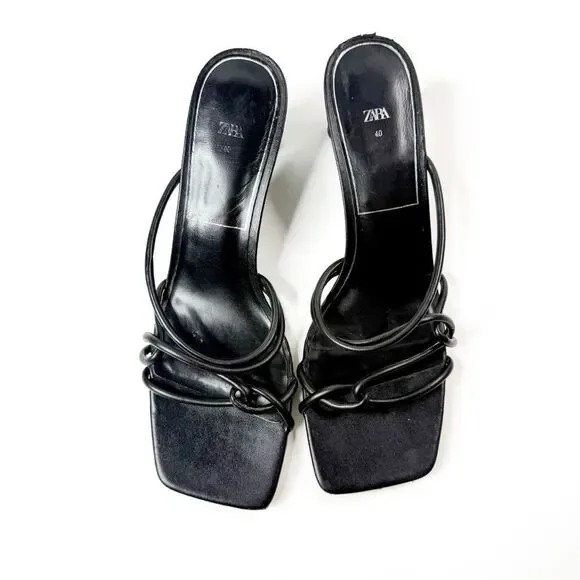 Zara Women's Black Strappy Block Heeled Sandals | Size 40 | Square Toe Slip-On - Picture 5 of 8